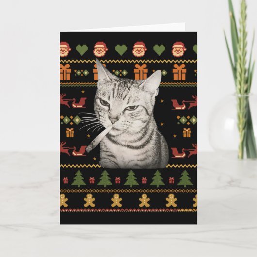 笑う猫のミーム クリスマスアグリーセーター カード (正面)
