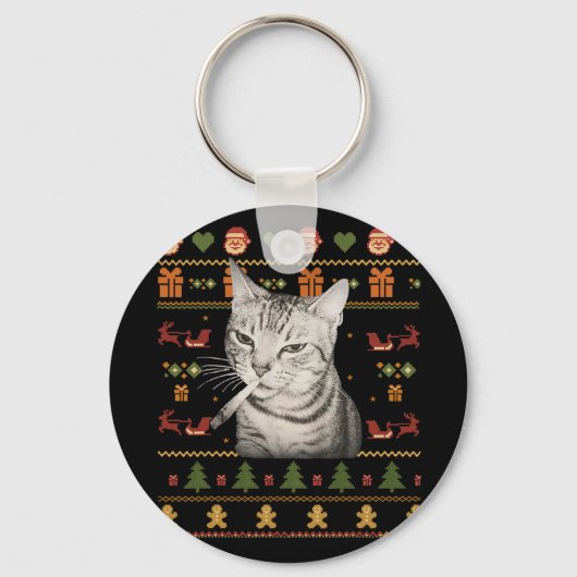 笑う猫のミーム クリスマスアグリーセーター キーホルダー (正面)