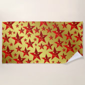 笑う，星，星，赤，金ゴールド,スマイル,顔,おもしろい ビーチタオル (正面)