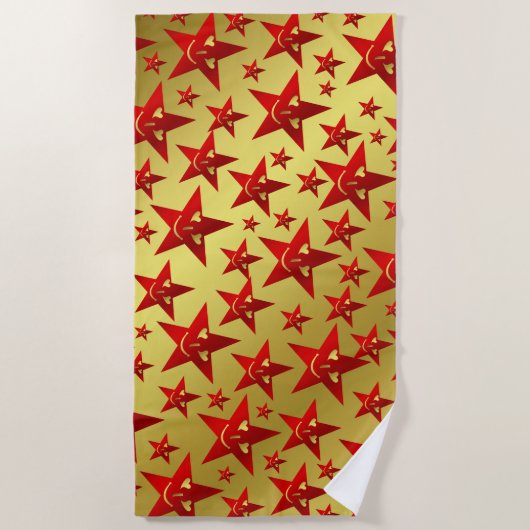 笑う，星，星，赤，金ゴールド,スマイル,顔,おもしろい ビーチタオル (正面)