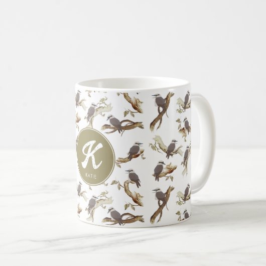 笑うKookaburraオーストラリアのユーカリプトゥスモノグラム コーヒーマグカップ (正面右)