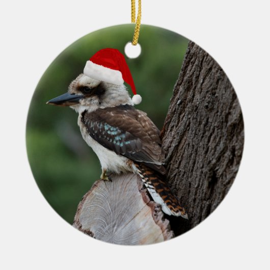 笑うKookaburra鳥クリスマスレッドサンタハット セラミックオーナメント (正面)