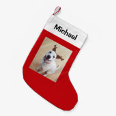 笑顔おもしろい白トナカイ犬フォトレッド スモールクリスマスストッキング (正面 (吊り時))