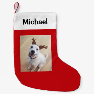 笑顔おもしろい白トナカイ犬フォトレッド スモールクリスマスストッキング
