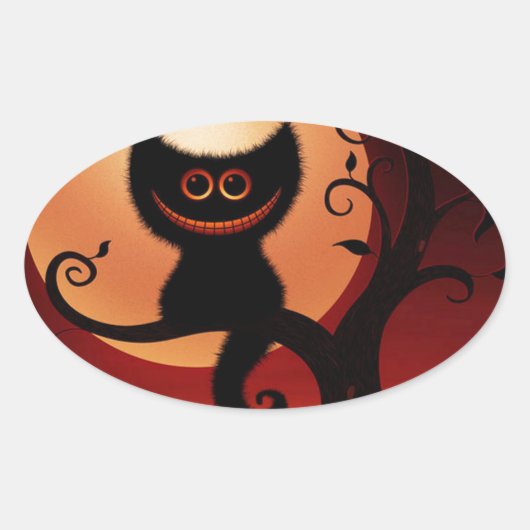 笑顔お洒落の黒猫 楕円形シール (正面)