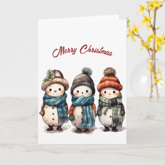 笑顔かわいい雪だるまイラストレーションクリスマス カード (黄色い花)