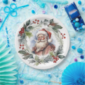 笑顔すてきサンタウォーター色クリスマスリース ペーパープレート (パーティー)