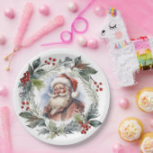 笑顔すてきサンタウォーター色クリスマスリース ペーパープレート (パーティー)