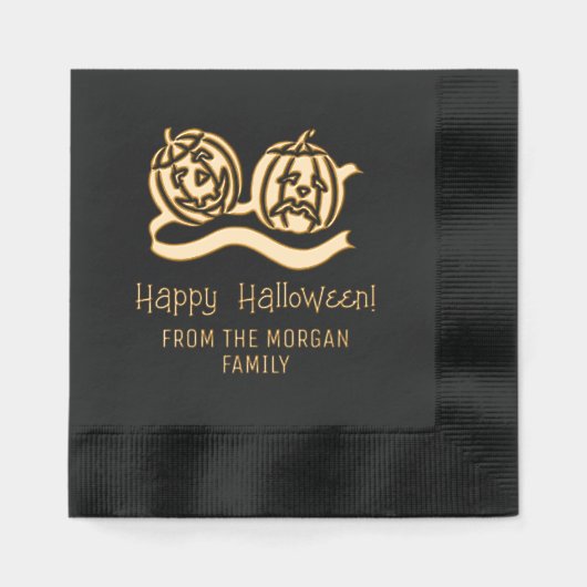 笑顔と困り顔のかぼちゃ ハッピーハロウィン 名前 箔ナプキン (正面)