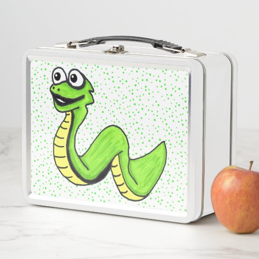 笑顔のおもしろい漫画のヘビドットに明るい緑 メタルランチボックス (インサイチュ)