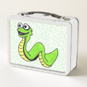 笑顔のおもしろい漫画のヘビドットに明るい緑 メタルランチボックス (裏面)