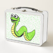 笑顔のおもしろい漫画のヘビドットに明るい緑 メタルランチボックス (正面)