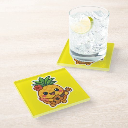 笑顔のかわいいパイナップル – トロピカル ガラスコースター (アングル)