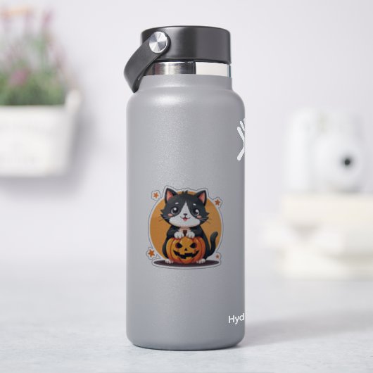 笑顔のかわいいブラック&ホワイト猫 – トリックまたは治療 シール (HydroFlask)