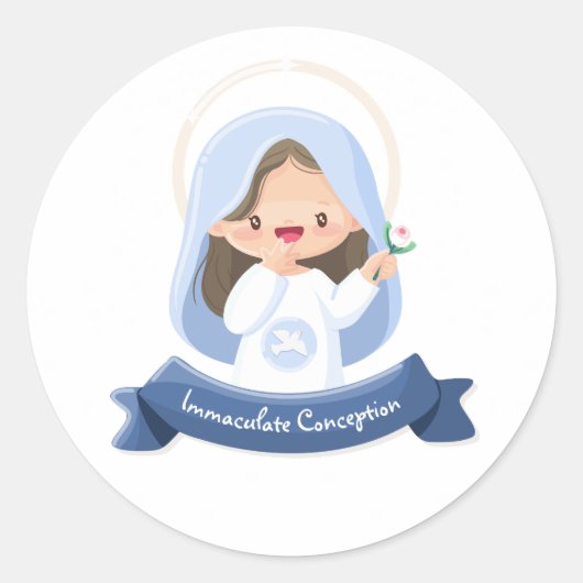 笑顔のかわいいヴァージンメアリと花 – 白 ラウンドシール (正面)