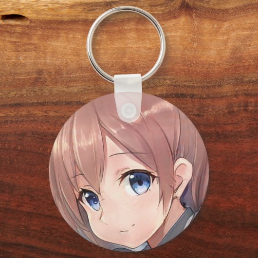 笑顔のアニメの女の子マンガ茶色の髪の青い目 キーホルダー (正面)