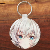 笑顔のアニメの女の子マンガ銀髪の緑の目 キーホルダー (正面)