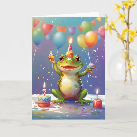 笑顔のカエル祝の カード (黄色い花)