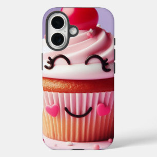 笑顔のカップケーキとさくらんぼ- Sweet Delightデザイン iPhone 16ケース