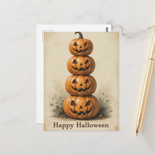 笑顔のカボチャのスタック明るいハロウィーンおもしろい ポストカード (正面/裏面インサイチュ)