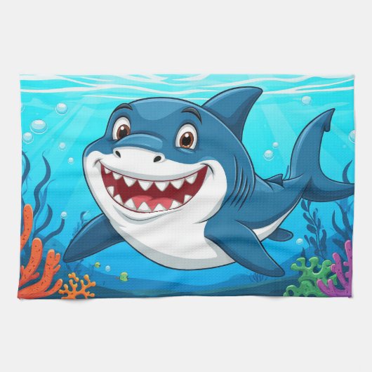 笑顔のキャラクターサメ 水中 海の生物 キッチンタオル (横)