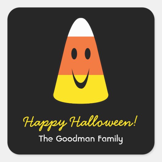 笑顔のキャンディーコーンおもしろいかわいいハロウィーンメッセージカード スクエアシール (正面)