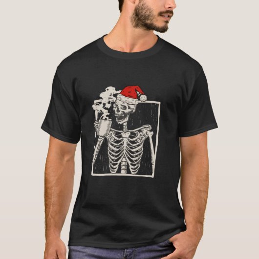 笑顔のクリスマススカル飲みCof付きクリスマススケルトン Tシャツ (正面)