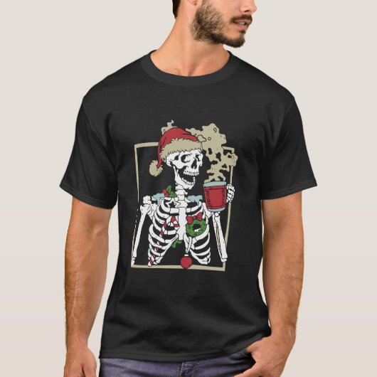 笑顔のクリスマススカル飲みCof付きクリスマススケルトン Tシャツ (正面)