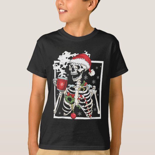 笑顔のクリスマススカル飲みCof付きクリスマススケルトン Tシャツ (正面)