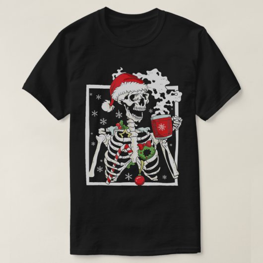 笑顔のクリスマススカル飲みCof付きクリスマススケルトン Tシャツ (デザイン正面)