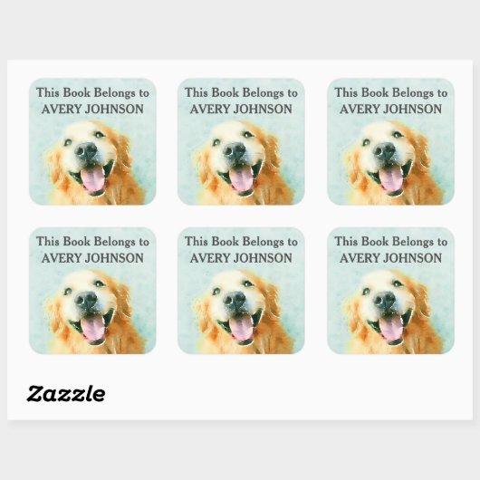 笑顔のゴールデンレトリバーの水彩蔵書票 スクエアシール (シート)