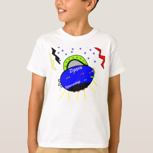 笑顔のジッピー青い魚の宇宙船と星 Tシャツ