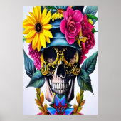 笑顔のスカル、ゴールデングラス、花帽子 | AI Art ポスター (正面)