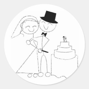 笑顔のスティックフィギュアのカップル結婚カットのケーキRSVP ラウンドシール