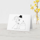 笑顔のスティックフィギュアカップルが結婚ケーキを切る カード (黄色い花)