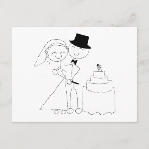 笑顔のステッキ姿のカップルが結婚ケーキを切る ポストカード