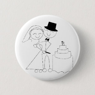 笑顔のステッキ姿のカップルが結婚ケーキを切る 缶バッジ