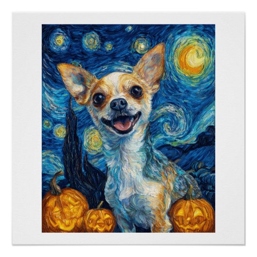 笑顔のチワワ犬 ヴァン・ゴッホの星月夜スタイル ポスター (正面)