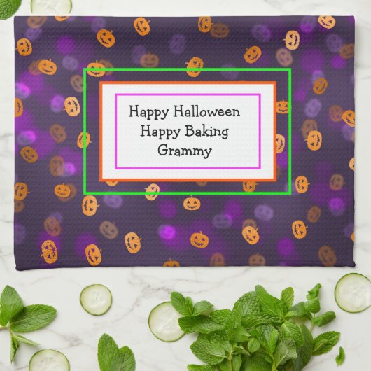 笑顔のハロウィーンのカボチャのちょうちんカボチャ《写真》ぼけ味パターン キッチンタオル (折り畳み)