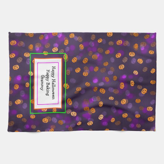 笑顔のハロウィーンのカボチャのちょうちんカボチャ《写真》ぼけ味パターン キッチンタオル (横)