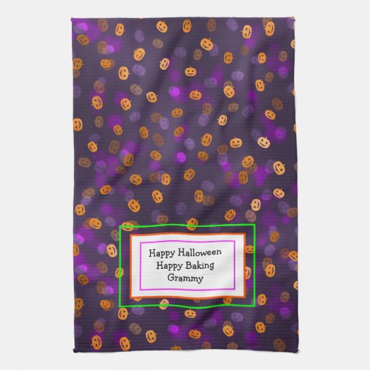 笑顔のハロウィーンのカボチャのちょうちんカボチャ《写真》ぼけ味パターン キッチンタオル (縦)