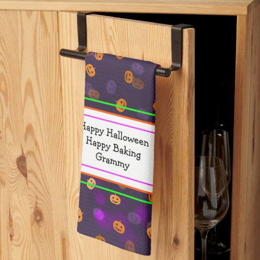 笑顔のハロウィーンのカボチャのちょうちんカボチャ《写真》ぼけ味パターン キッチンタオル (三つ折り)