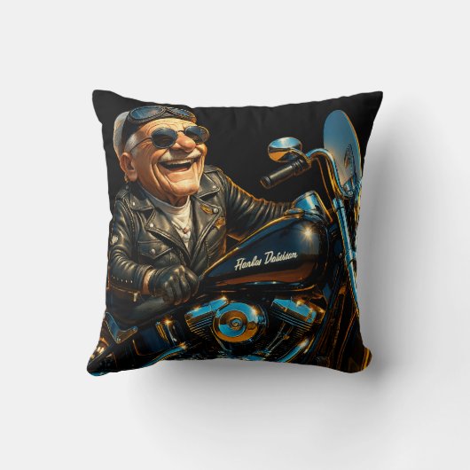 笑顔のバイクもしくは自転車に乗る人装飾用クッションおもしろい- ハーレーライダーAr クッション (裏面)