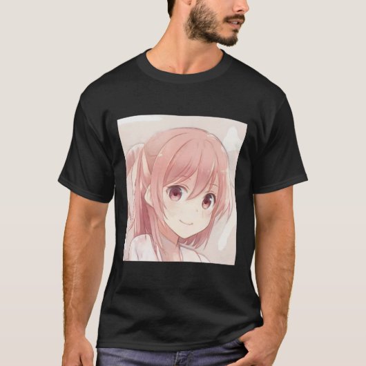 笑顔のピンクの髪のアニメガールピンクの目マンガTし Tシャツ (正面)