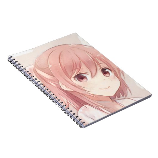 笑顔のピンクの髪のアニメ女の子ピンクの目マンガ ノートブック (右側)