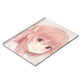 笑顔のピンクの髪のアニメ女の子ピンクの目マンガ ノートブック (左側)