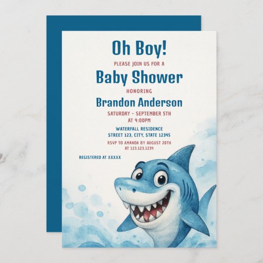 笑顔のブルーシャークボーイ赤ちゃんシャワーをテーマ 招待状 (正面/裏面)