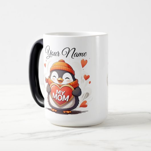 笑顔のペンギン保持ハートサイン私の母 モーフィングマグカップ (正面左)