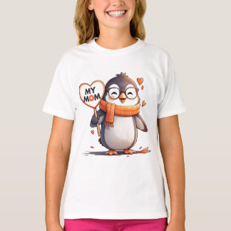 笑顔のペンギン保持ハートサイン私の母 Tシャツ