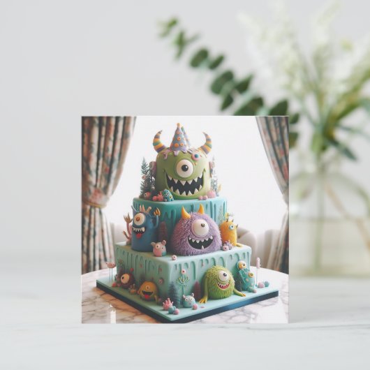 笑顔のモンスターズ飾子供の誕生日ケーキ カード (スタンド正面)